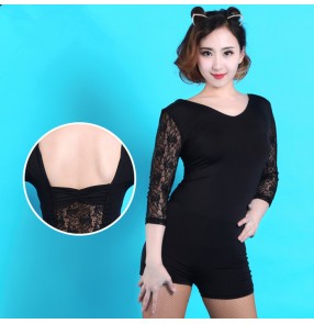 Black lace back and middle long sleeves slash back neck with bowknot women's competition performance professional practice latin ballroom tango cha cha salsa dance leotards tops catsuits bodysuits